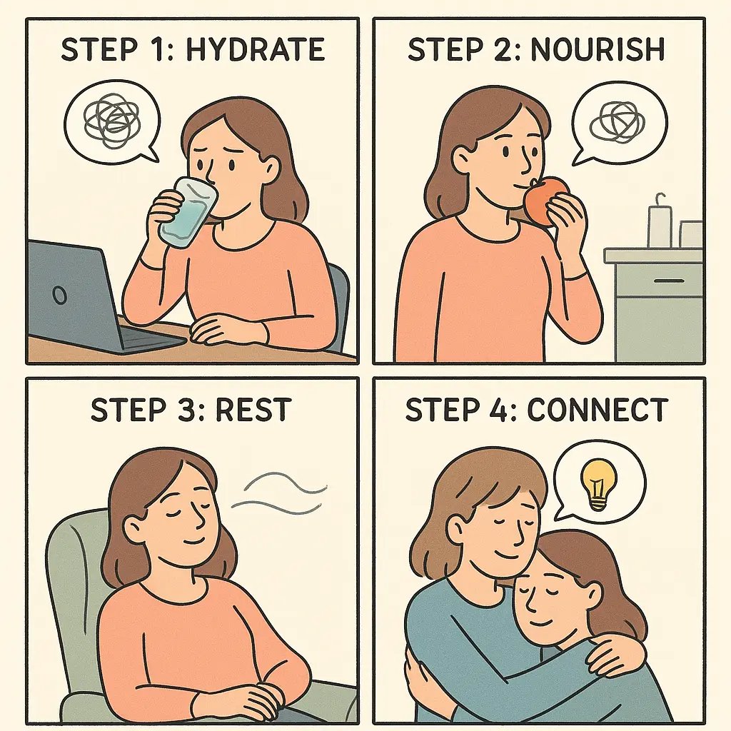 Four-panel comic showing a woman completing a self-care checklist: hydrating, eating, resting, and hugging, leading to clarity and calm focus.
