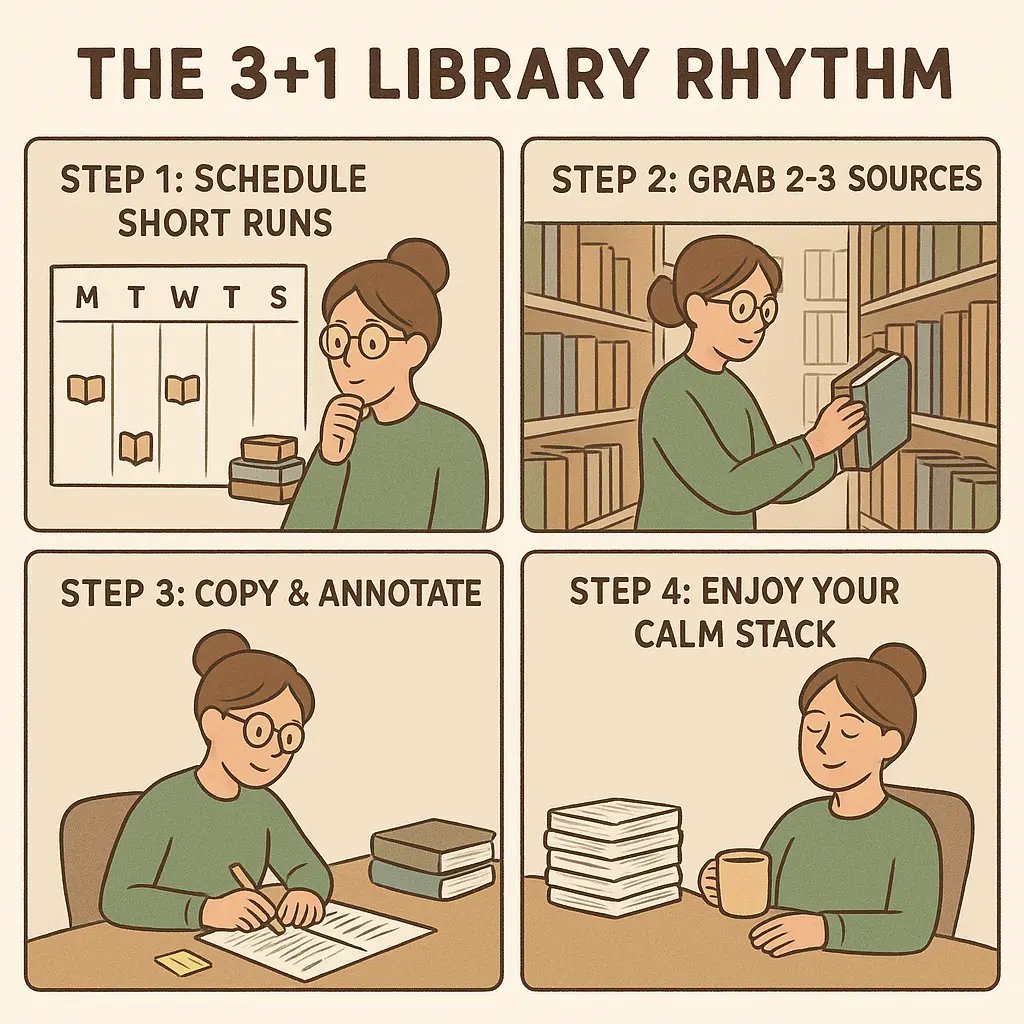 Comic strip showing a student using a calm weekly library routine with scheduled visits, efficient source gathering, and organised annotation.