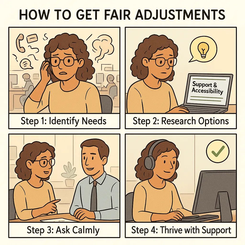 Four-panel comic showing a neurodivergent person navigating workplace adjustments from overwhelm to productive focus with support.