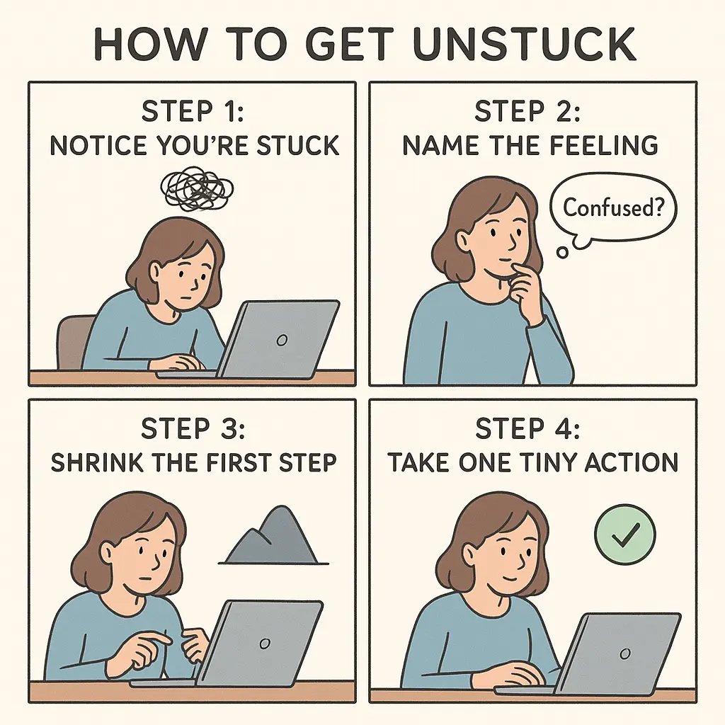 Four-panel comic showing a woman overcoming mental block by naming her feeling, breaking task into tiny steps, and taking small action.