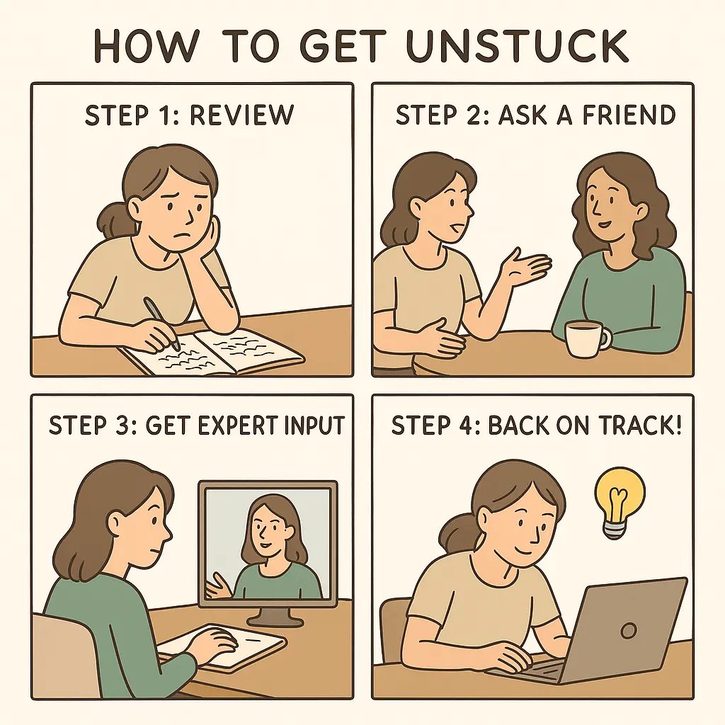 Four-panel comic showing a woman reviewing her planner, talking with a supportive friend, having a video call with a coach, and successfully working at her desk.