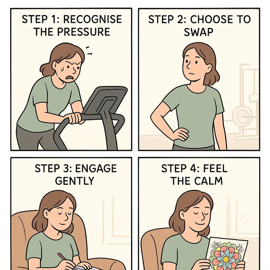 A woman transitions from stressed treadmill exercise to peaceful colouring, showing the journey from high-pressure to calm stimulation.