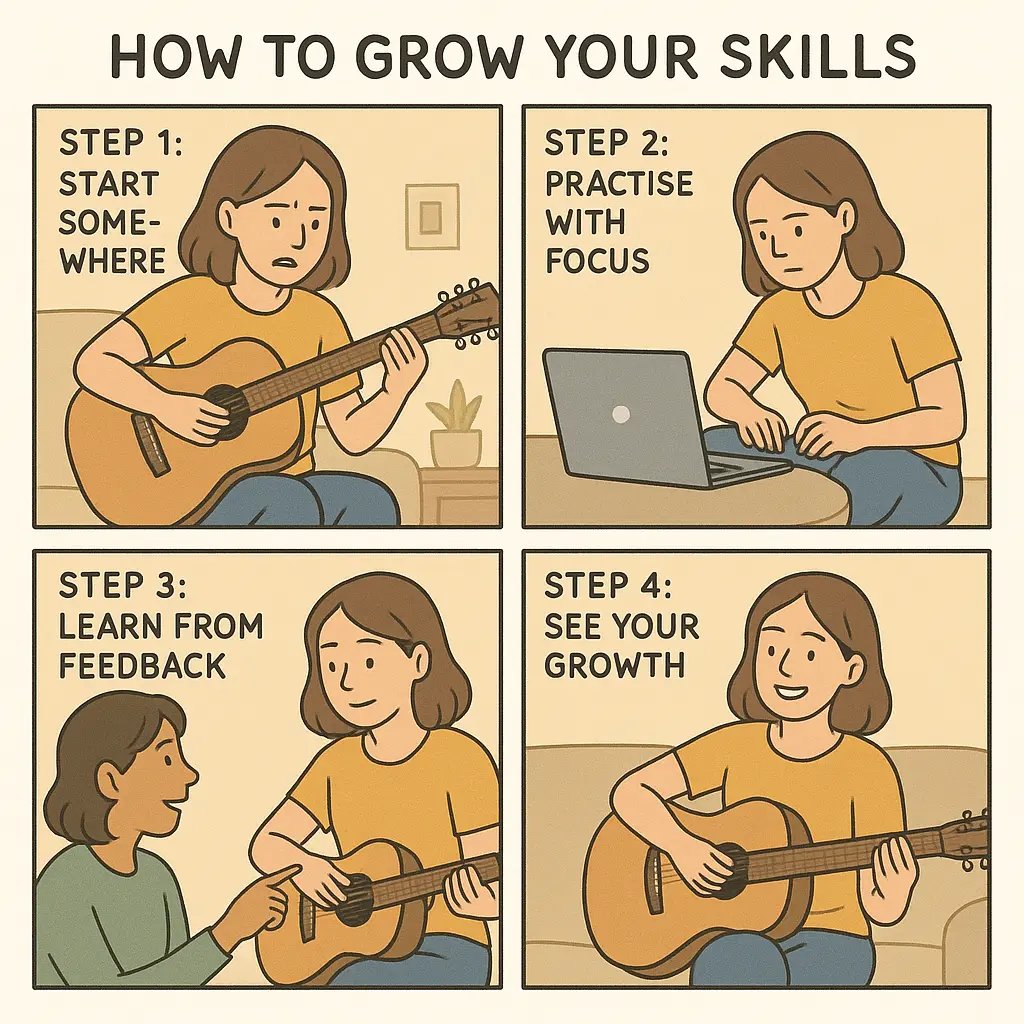 Four-panel comic showing a woman learning guitar, progressing from awkward beginner to confident player through focused practice.