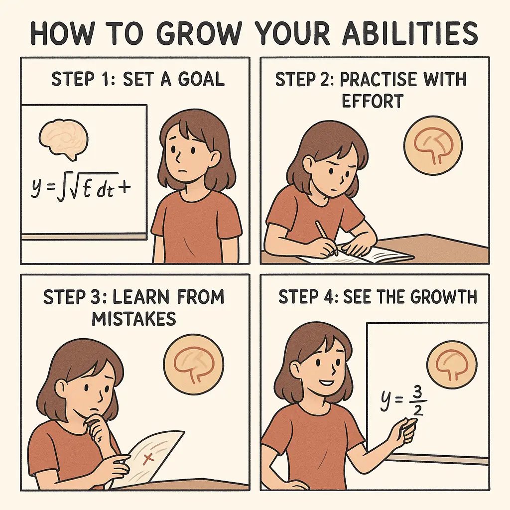 Four-panel comic showing a student's learning journey from setting goals to achieving mastery, with brain icons illustrating neural pathway growth