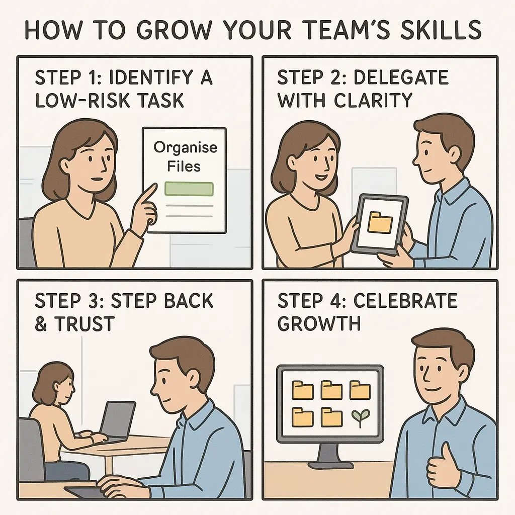 Four-panel comic showing a manager developing team skills through delegation: identifying tasks, delegating clearly, trusting, and celebrating growth.
