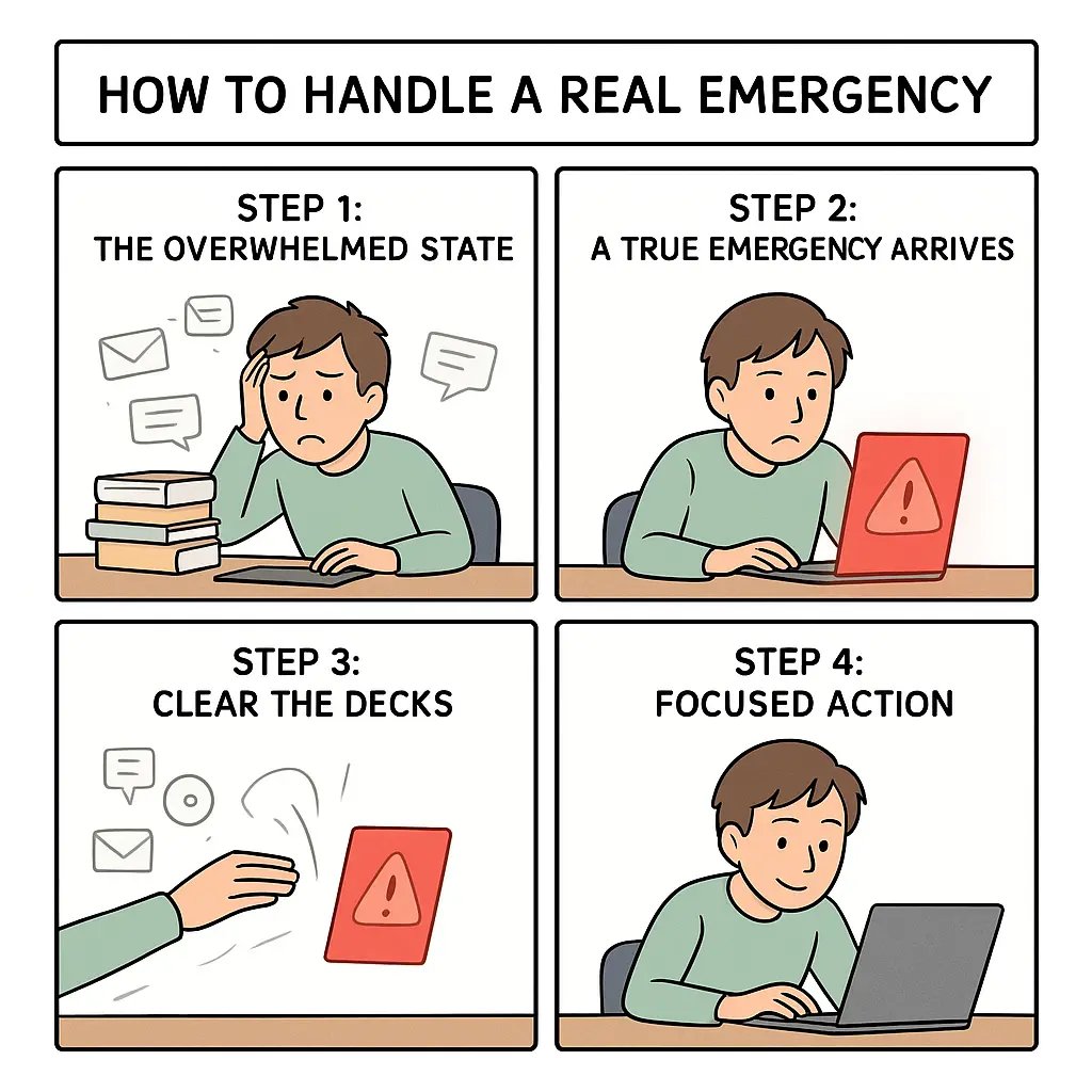 Four-panel comic showing progression from overwhelmed multitasking to calm, focused work after clearing competing tasks during an emergency