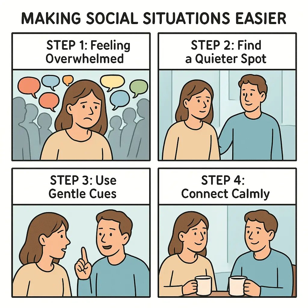Four-panel comic showing a woman moving from social overwhelm to calm connection using supportive strategies in quieter spaces