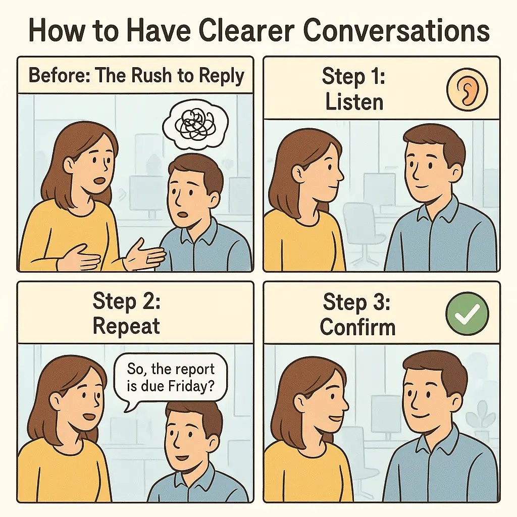 A four-panel comic strip showing two people transforming from anxious interrupting to calm, connected conversation through three clear steps.