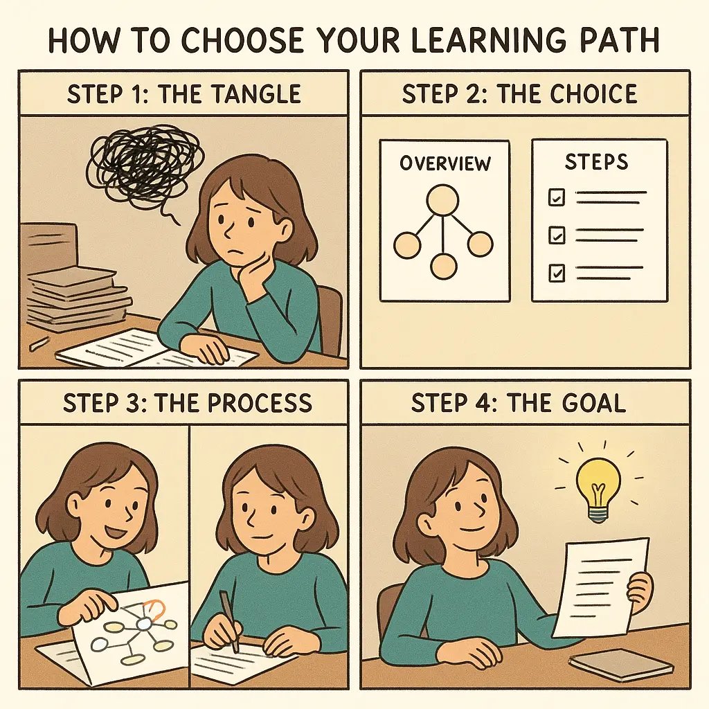 Four-panel comic showing a student's transformation from overwhelmed to confident by choosing between a visual mind map and numbered checklist
