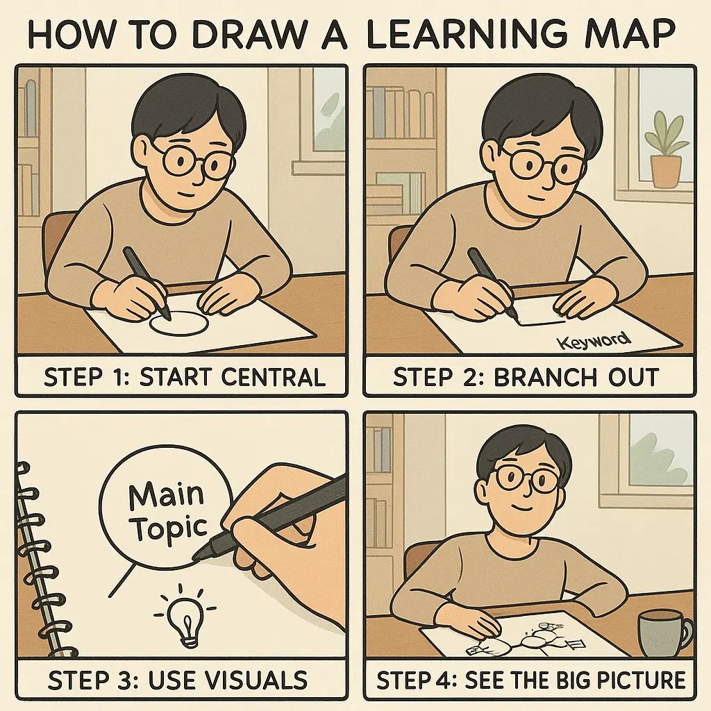 Four-panel comic showing a student creating a learning map from central idea to finished diagram with branches and icons