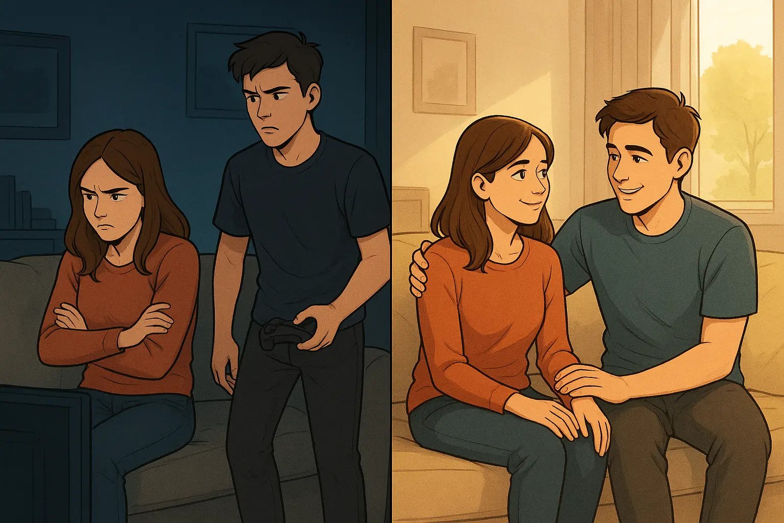 Two friends shown in conflict and then reconciled in a living room setting