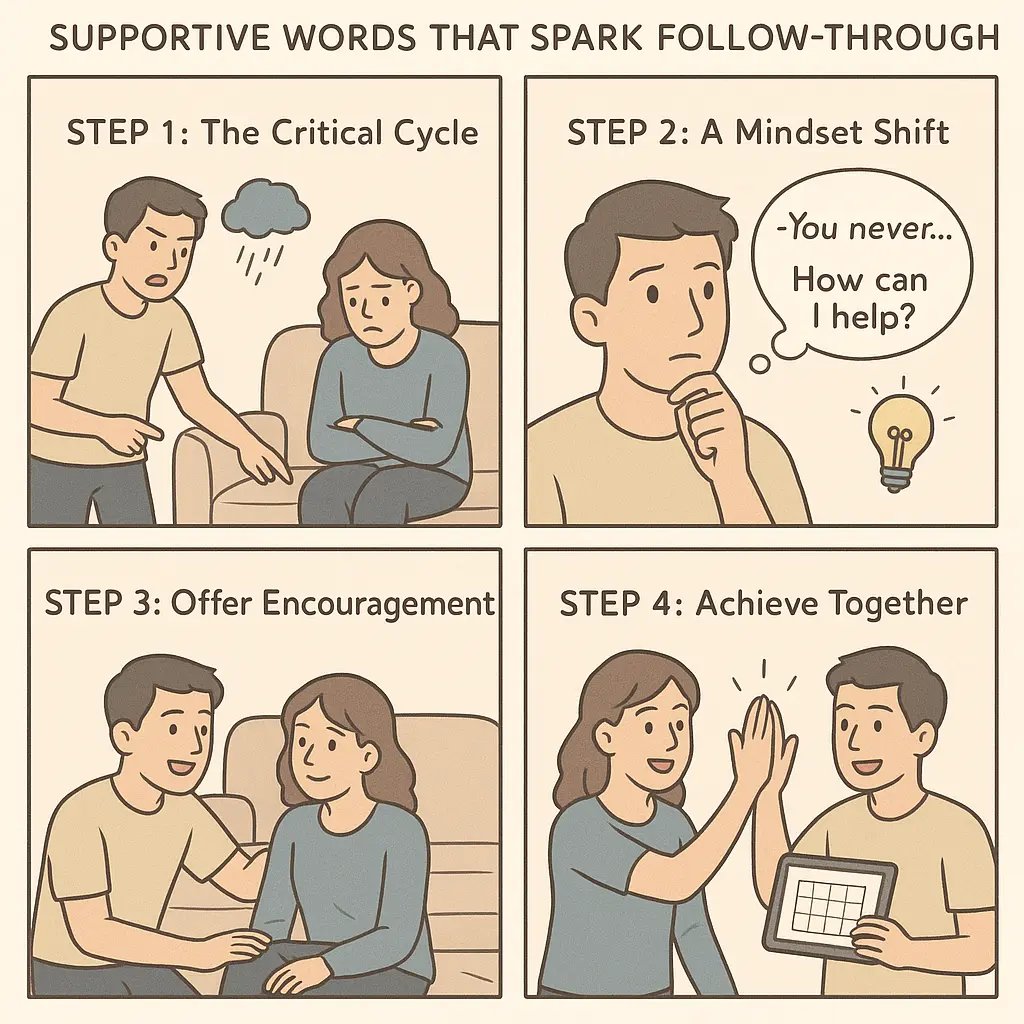 A couple in a cosy living room shifting from frustration to supportive conversation and successful teamwork shown in four illustrated panels.