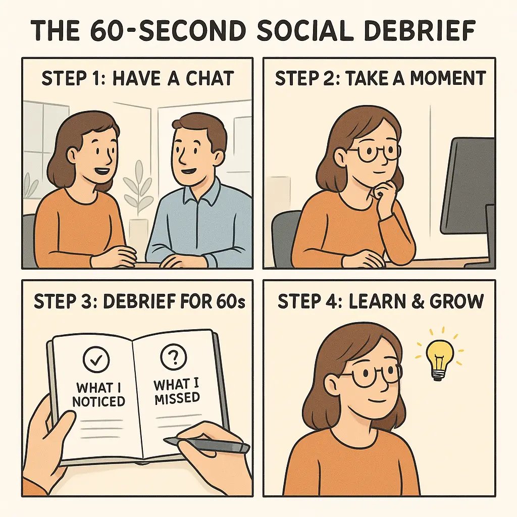 Four-panel comic showing a woman having a chat, reflecting alone, taking notes on what she noticed and missed, then experiencing a lightbulb moment of insight.