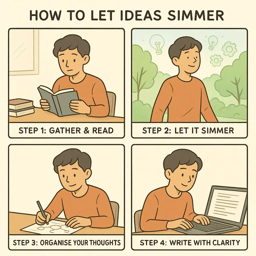 Four-panel comic showing a student reading, relaxing in a park with ideas forming, organising notes, then writing easily at a laptop.