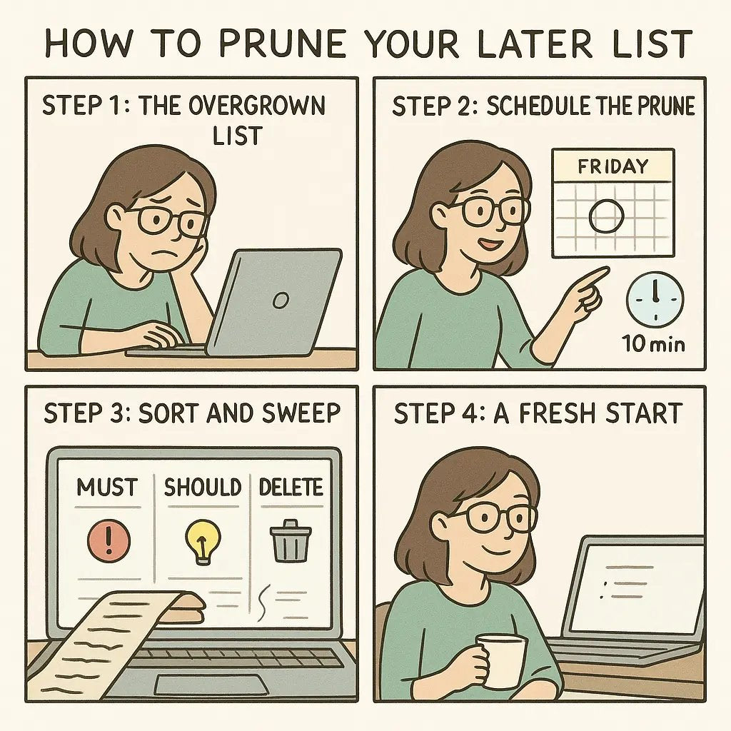 Woman organising tasks on laptop from stressed to relieved with clean, manageable list using sorting categories
