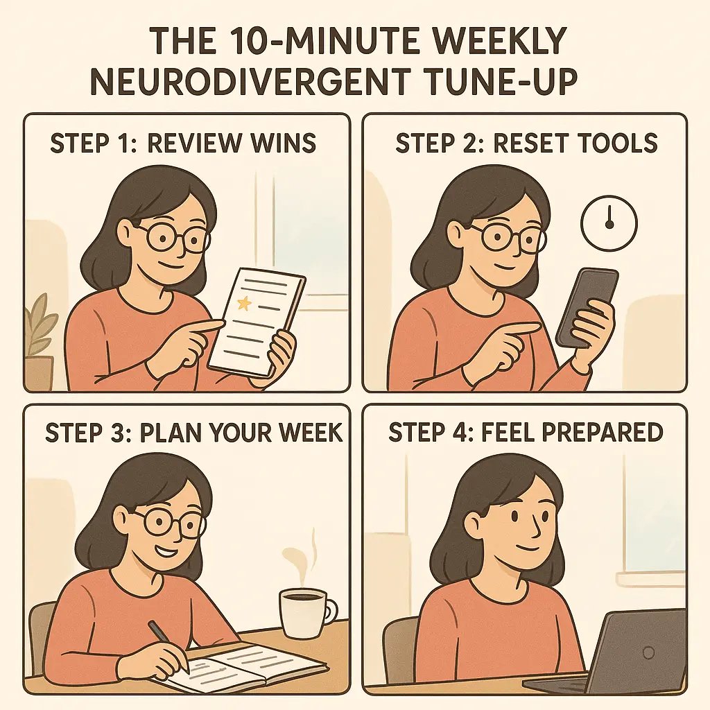 A young woman at her desk completing a weekly planning ritual, looking calm and prepared for the week ahead