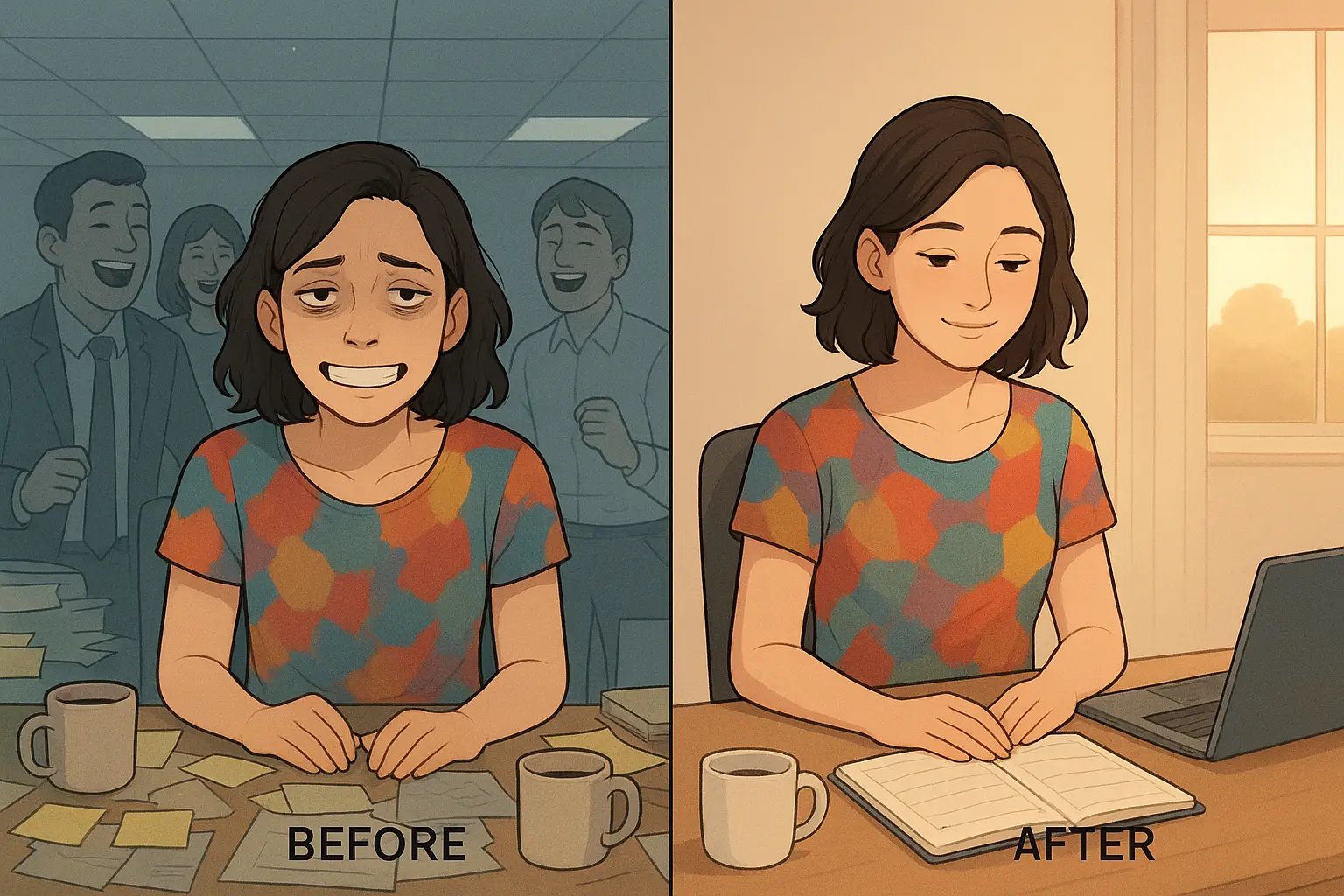Split-panel illustration of a woman at work: before, overwhelmed behind a forced smile; after, genuinely calm with a tidy desk and gentle smile.