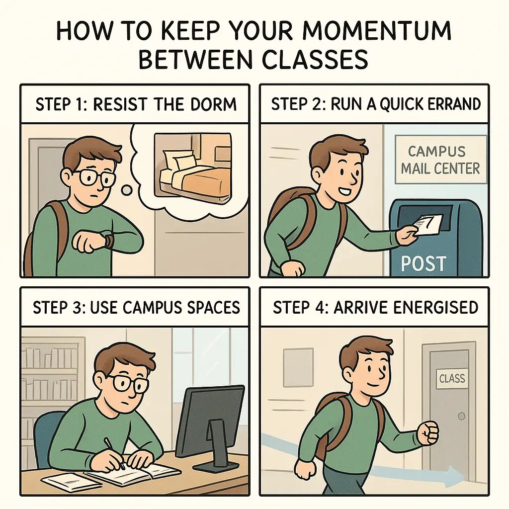 A four-panel comic showing a student resisting their dorm, running errands, using campus spaces, and arriving energised at their next class.