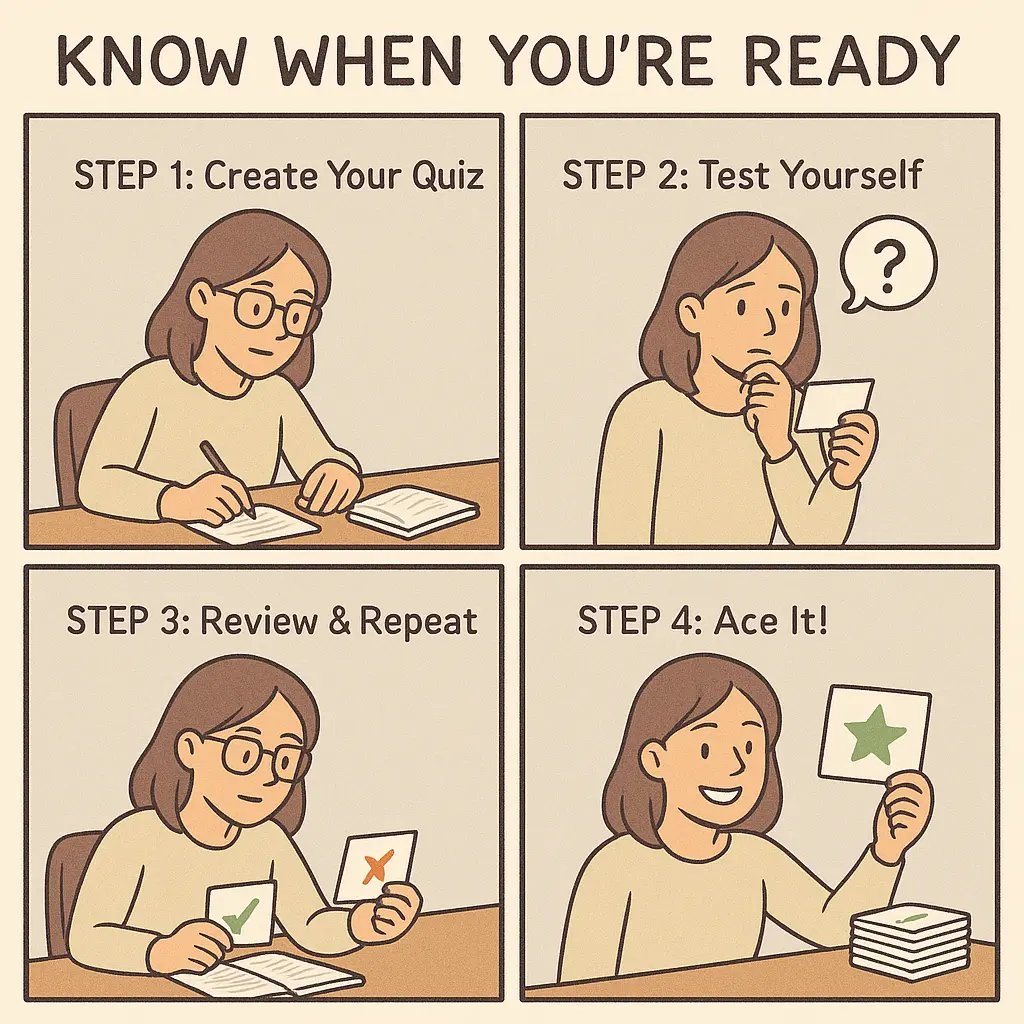 Student confidently holding quiz cards with green ticks after successfully testing herself from memory