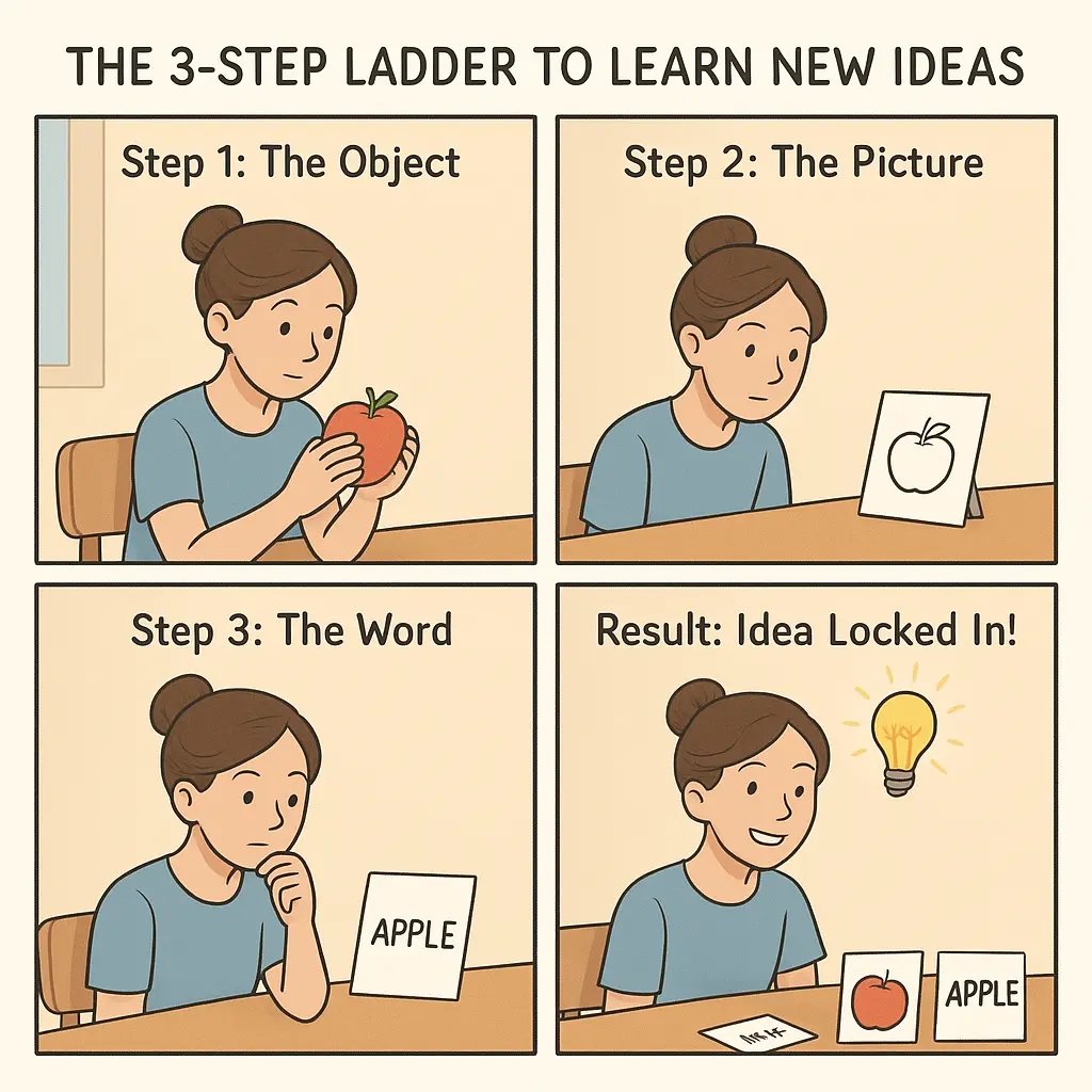 Student using object-picture-word method with apple cards at desk, showing confident learning progression
