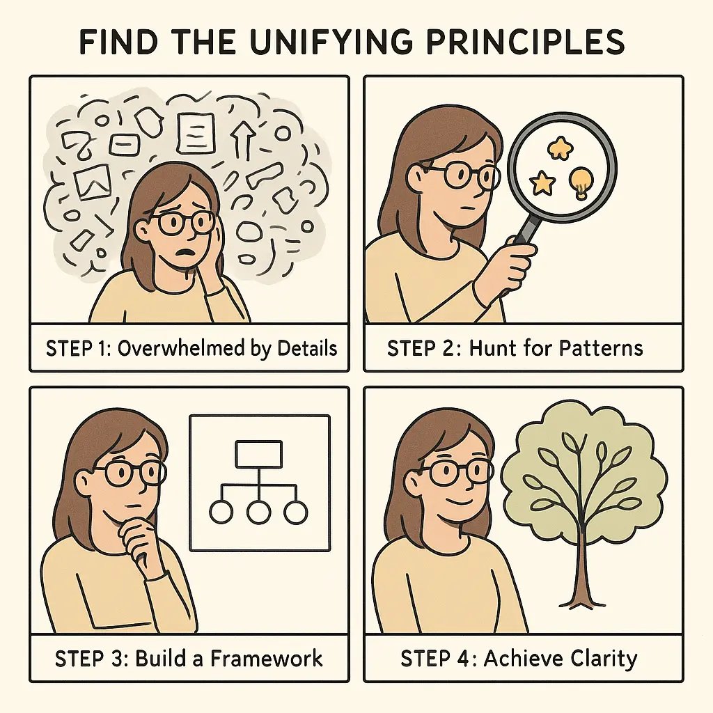 A four-panel comic showing a student using pattern-hunting to transform information overload into an organised knowledge tree
