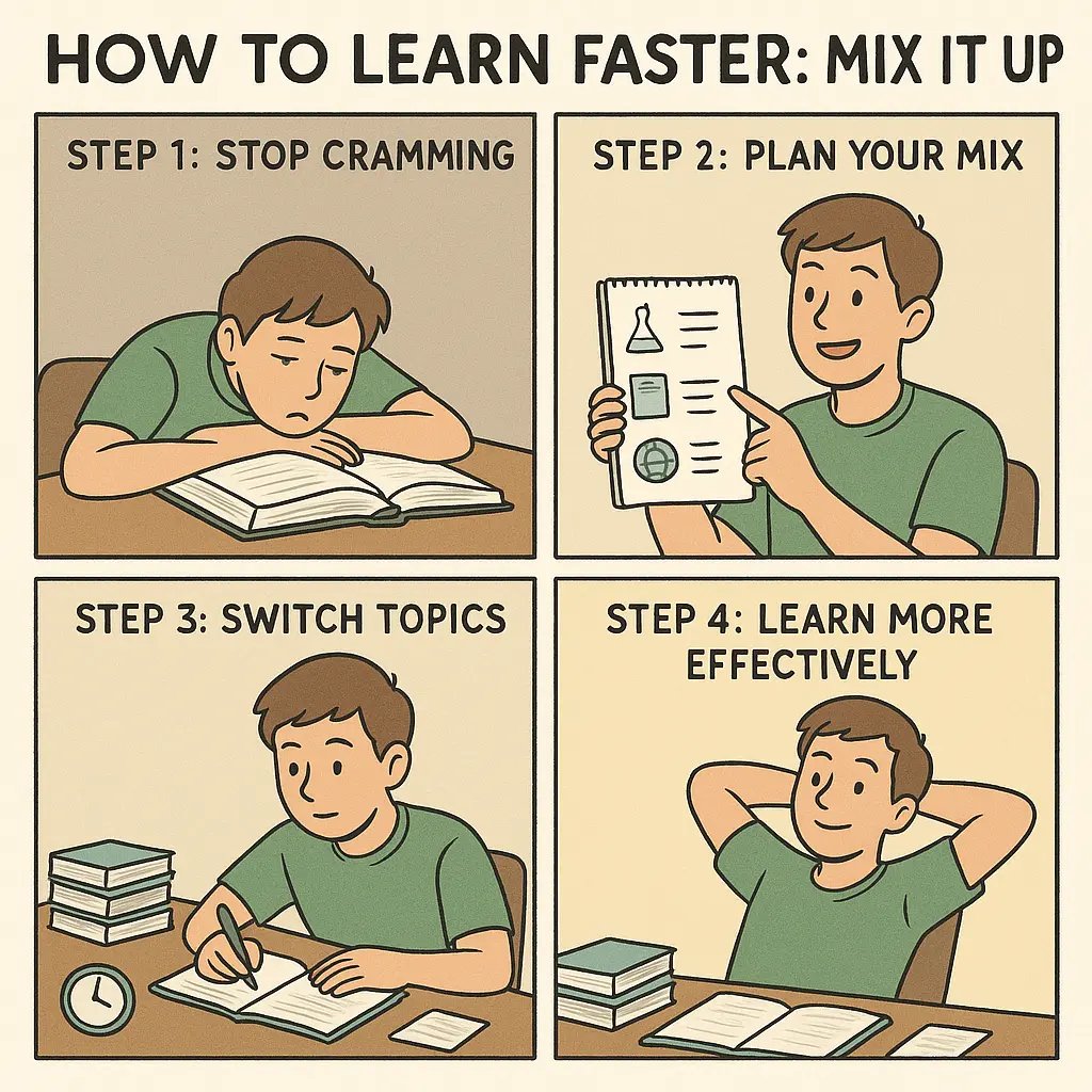 Four-panel comic showing a student's transformation from exhausted cramming to confident learning through topic mixing