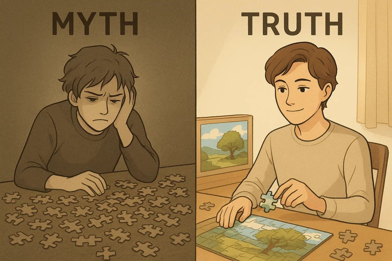 Side-by-side comparison of a frustrated student with scattered puzzle pieces versus a calm student confidently assembling a puzzle with the complete picture visible