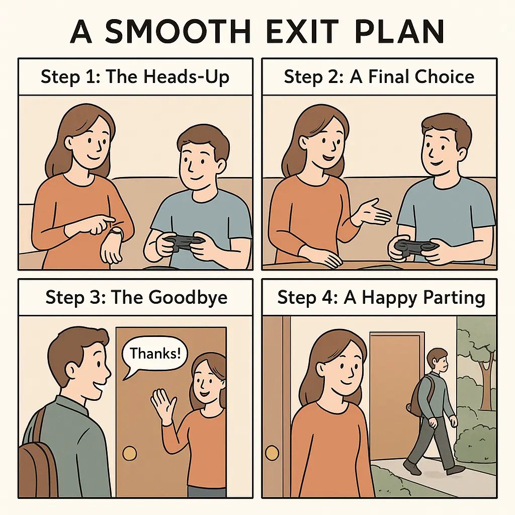 Two friends using a three-step exit plan—heads-up, final choice, and goodbye—resulting in a happy, peaceful parting at the door.