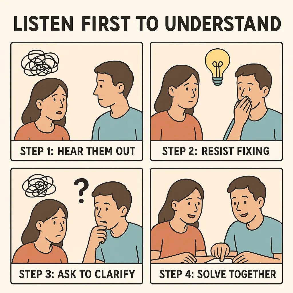 Four-panel comic showing a person practising empathic listening: hearing someone out, resisting quick fixes, asking clarifying questions, then solving together
