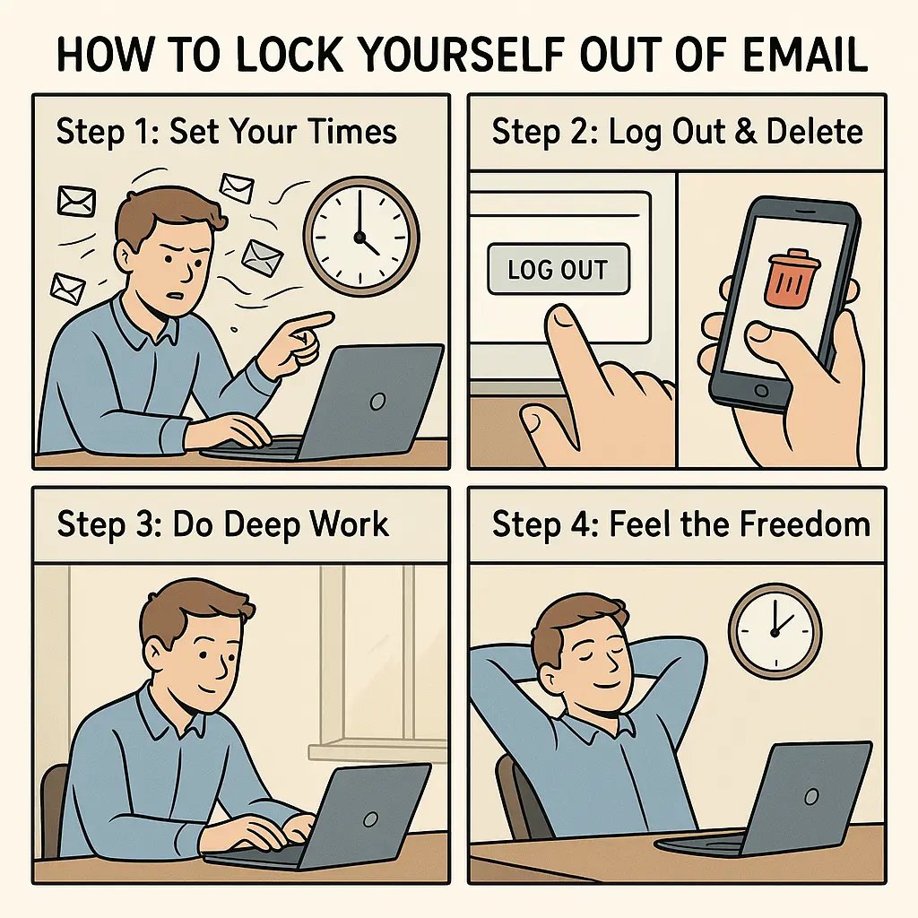 Four-panel comic showing a person setting email times, logging out, doing focused work, and feeling accomplished and relaxed