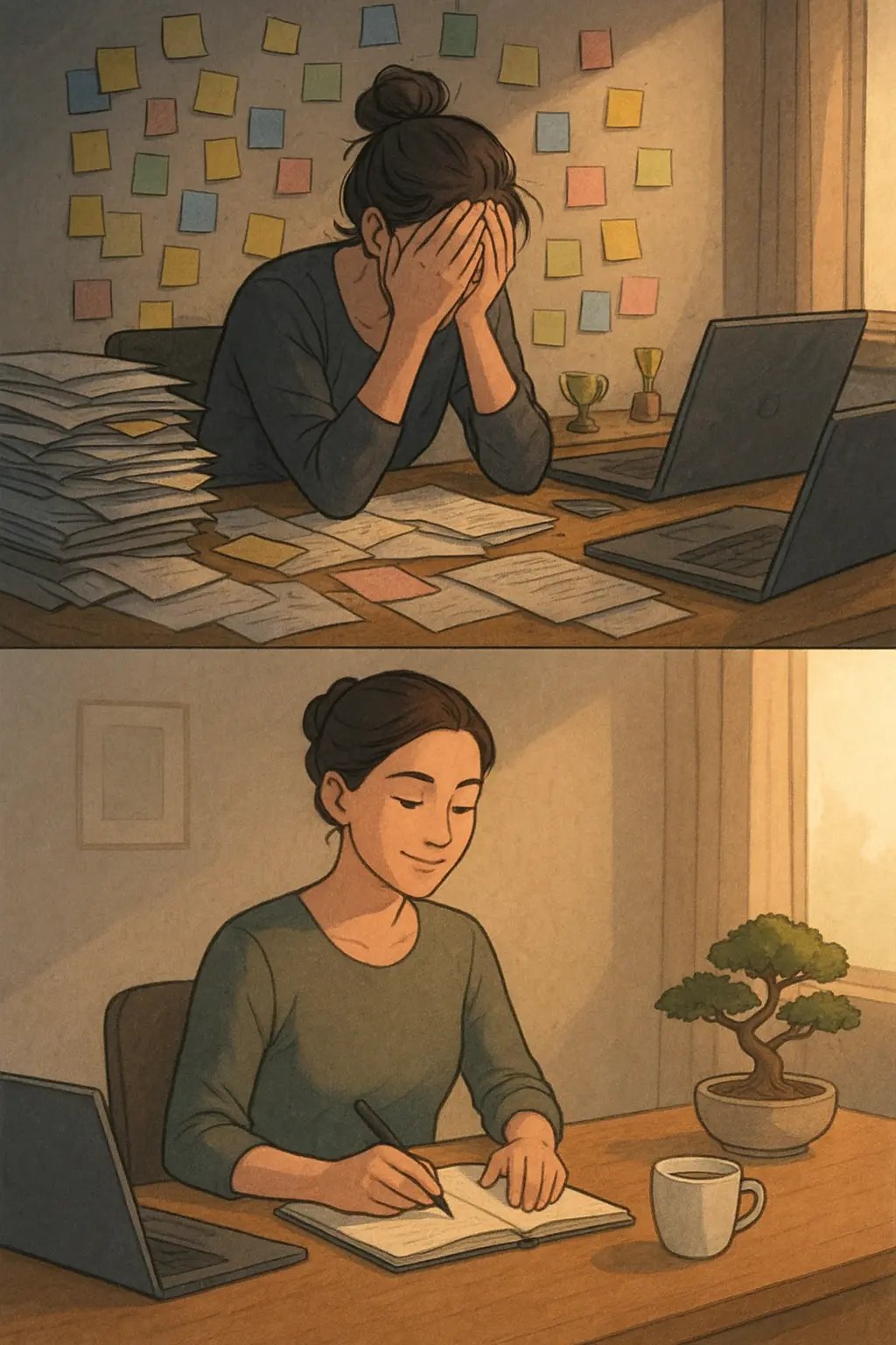 Before and after transformation showing a professional woman's desk evolving from chaotic clutter to an organised, calm workspace with a notebook and bonsai tree.