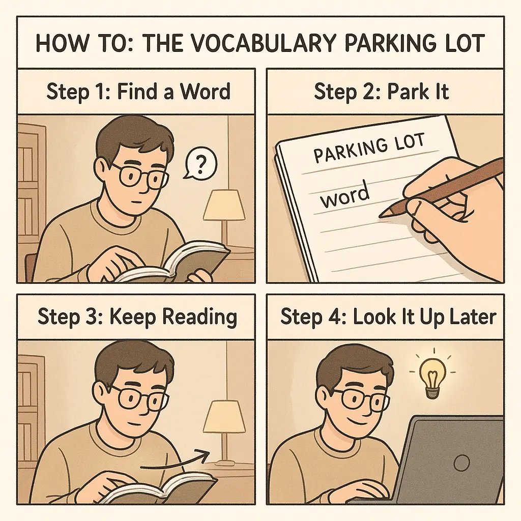 A friendly university student with glasses using the Vocabulary Parking Lot technique whilst reading, jotting down unknown words in a notepad to maintain focus and comprehension
