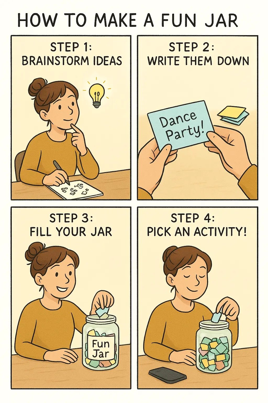 Four-panel comic showing a woman creating a fun jar: brainstorming ideas, writing activities on paper, filling a jar, and choosing an activity over her phone