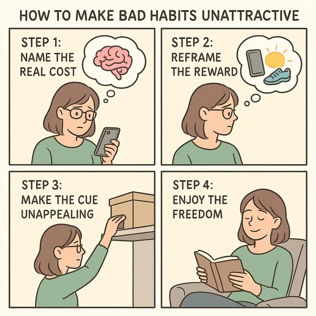 Four-panel comic showing a woman transforming from phone scrolling to peaceful reading by reframing her habit