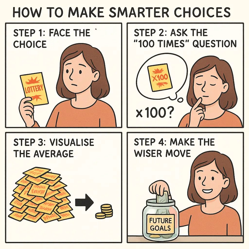 Woman thinking about choices and savings, illustrated in a four-panel comic showing decision-making process from temptation to wise action