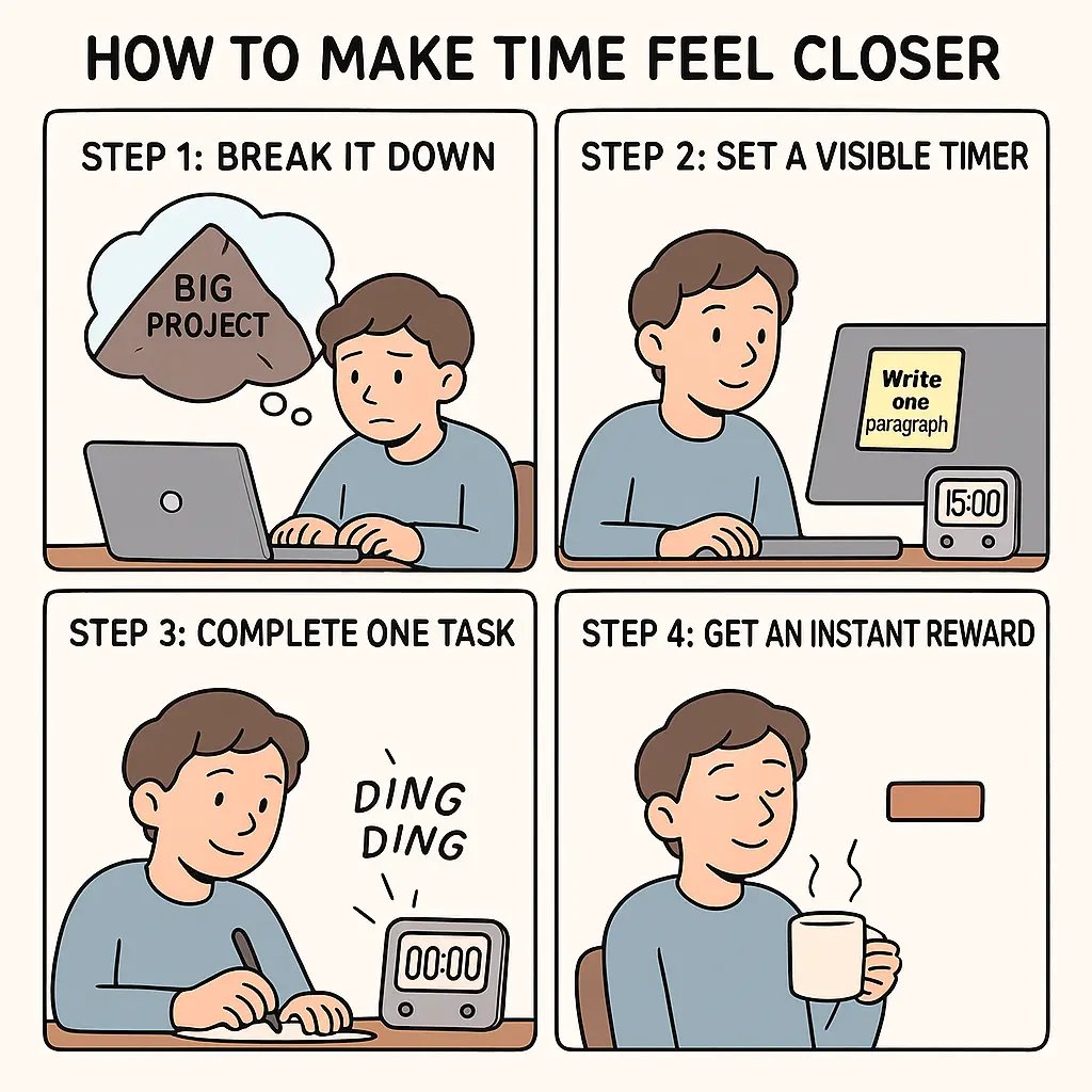Four-panel comic showing a person breaking down tasks, using a timer, completing work, and enjoying a reward