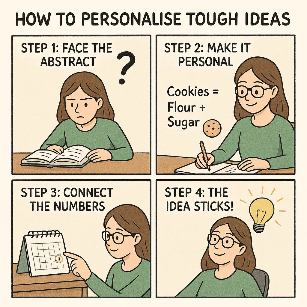 A student at a desk transforms confusion into understanding by personalising a formula with relatable examples and meaningful connections.