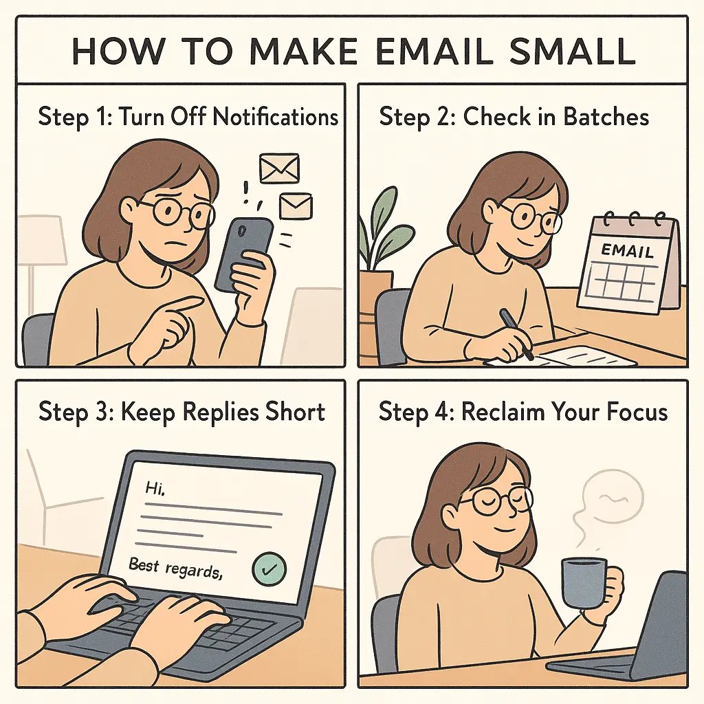 Woman managing email calmly in modern home office, showing steps to reduce email overwhelm and reclaim focus