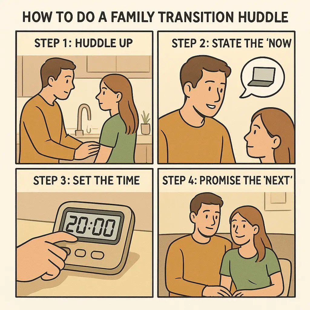 A couple calmly discussing task transitions in their home, using a timer to set clear expectations for smoother family routines.