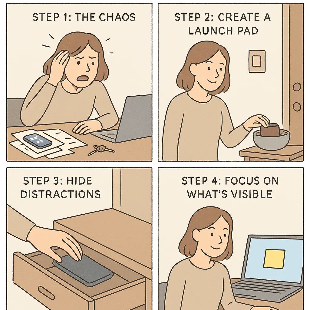 Four-panel comic showing a woman transforming from chaos to calm by creating a launch pad, hiding phone distractions, and using visible cues for focus