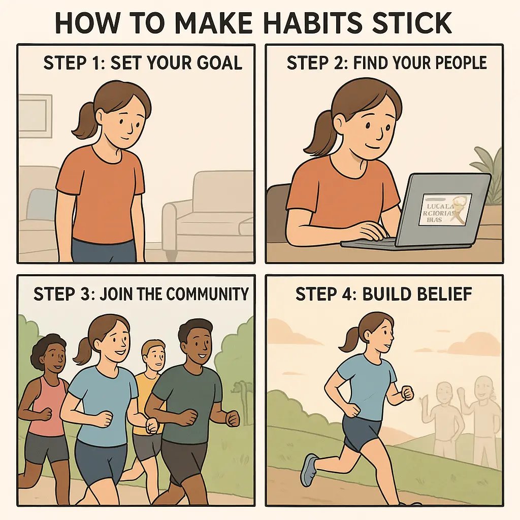 Four-panel comic showing a woman's journey from setting a running goal alone to confidently running with community support.