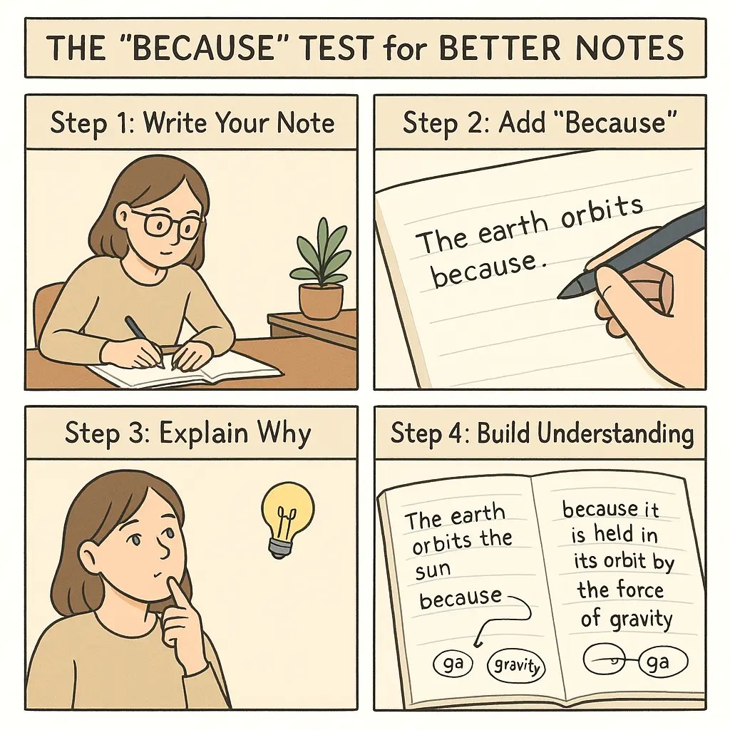 A woman at a desk uses the Because Test to transform basic notes into a connected knowledge map