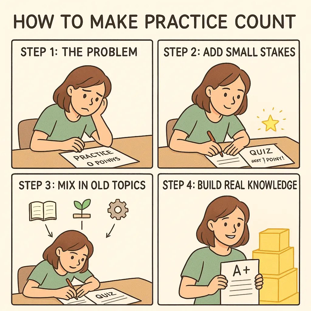 A four-panel comic showing a student progressing from ignoring ungraded practice to achieving success through low-stakes graded quizzes