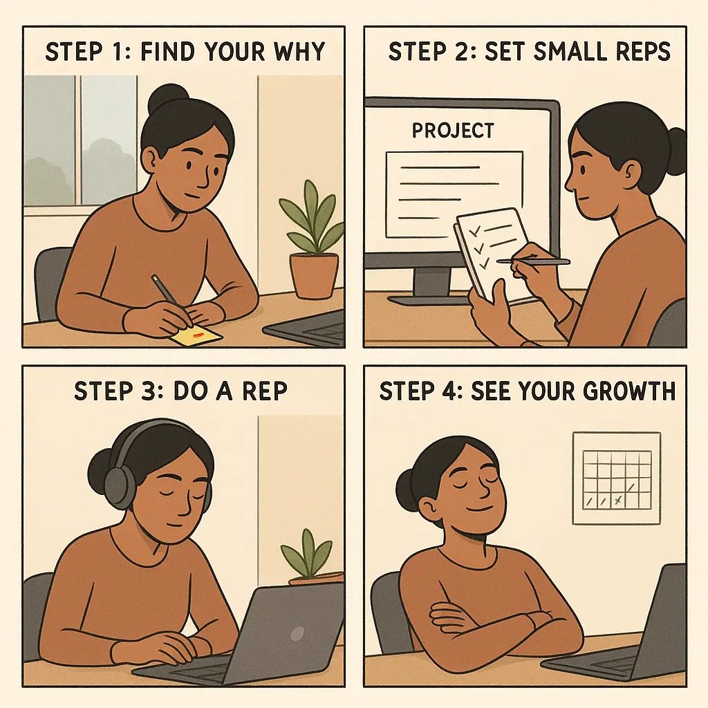 Four-panel comic showing a woman finding her motivation, breaking tasks into small steps, focusing on work, and celebrating consistent progress
