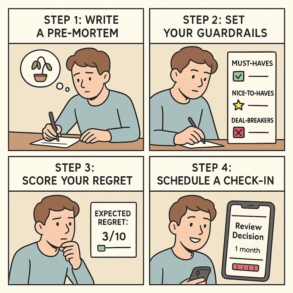 Four-panel comic showing a person using pre-mortem technique and regret scoring to make clearer, more confident decisions