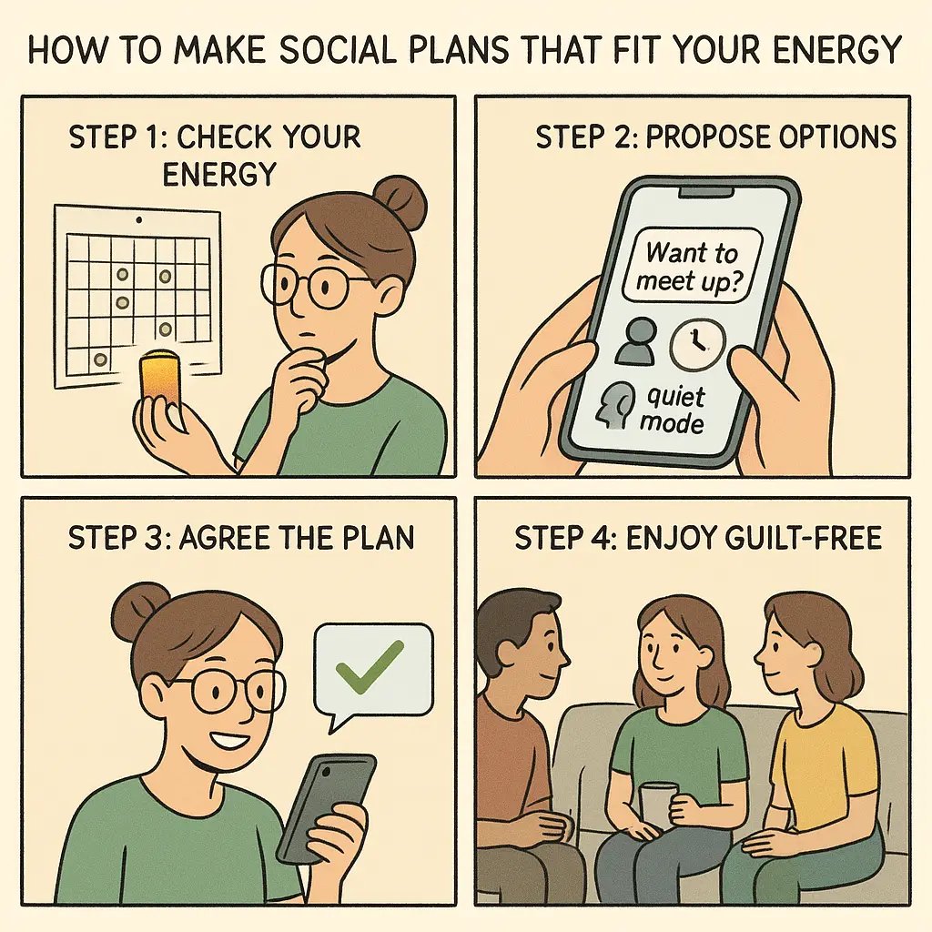 A four-panel comic showing a woman checking her energy, proposing flexible social options, agreeing a plan, and enjoying a gathering quietly and guilt-free.