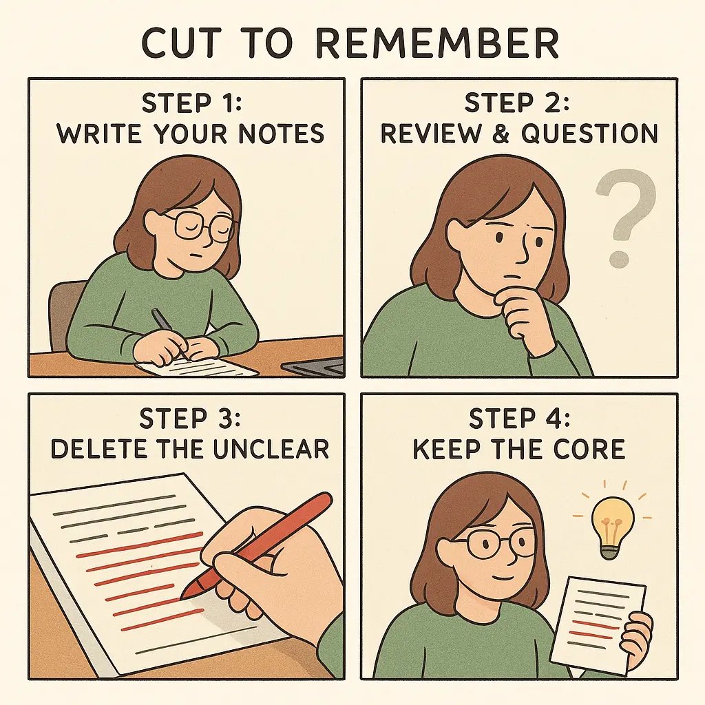Four-panel comic showing a woman improving study notes by writing, reviewing, deleting unclear parts, and keeping only core concepts