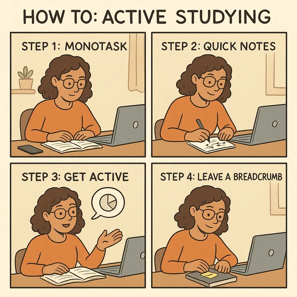 Four-panel comic showing a woman using active studying techniques: monotasking with one book, taking quick notes, explaining concepts aloud, and leaving a breadcrumb note