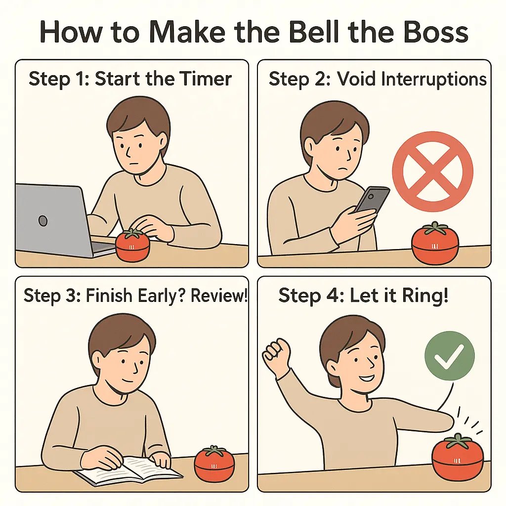 Four-panel comic showing a person mastering complete focus sessions by starting a timer, voiding interruptions, reviewing when finished early, and succeeding when the bell rings.