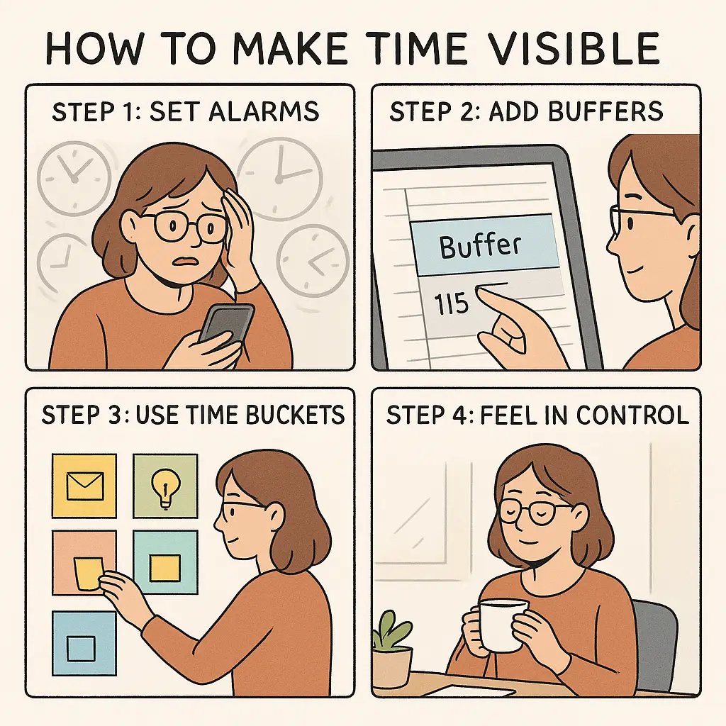 Four-panel comic showing a woman with glasses transforming from stressed by invisible time to calm and organised using alarms, buffers, and time buckets.